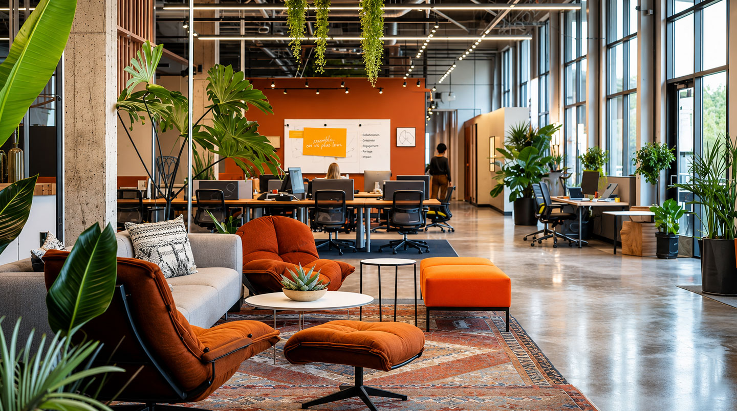 Espace de coworking avec table en bois et clients travaillant sur ordinateur dans le hall d'un hôtel.