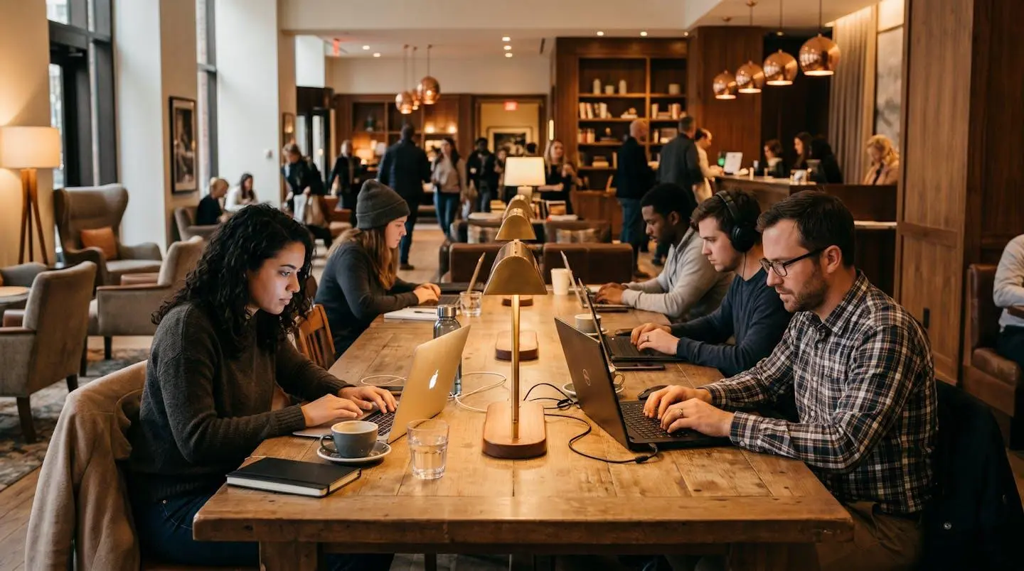Espace de coworking avec table en bois et clients travaillant sur ordinateur dans le hall d'un hôtel.