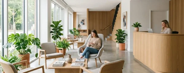 Hall d'hôtel moderne et lumineux avec réception en bois, fauteuils design et plantes vertes.