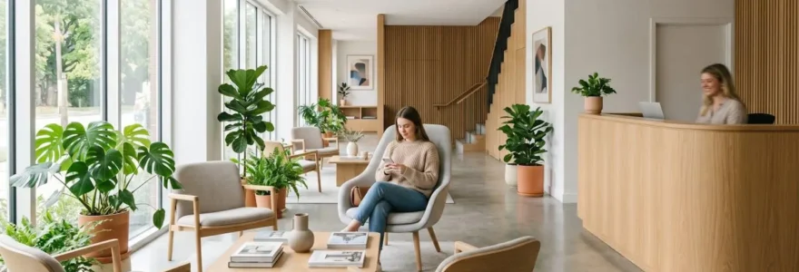 Hall d'hôtel moderne et lumineux avec réception en bois, fauteuils design et plantes vertes.